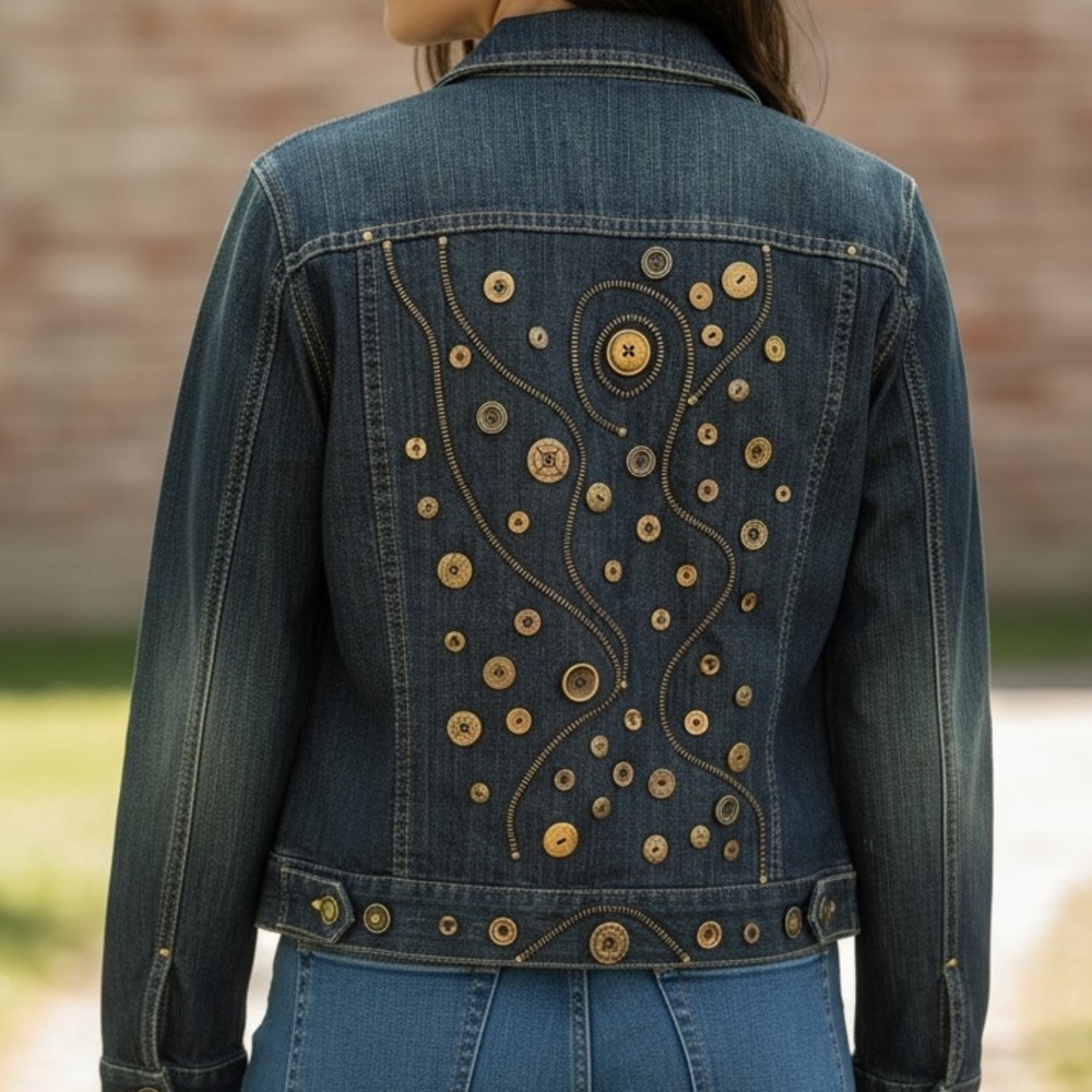Upcycled Denim Jacket – One-of-a-Kind - with Button & Zipper Design | Size Large